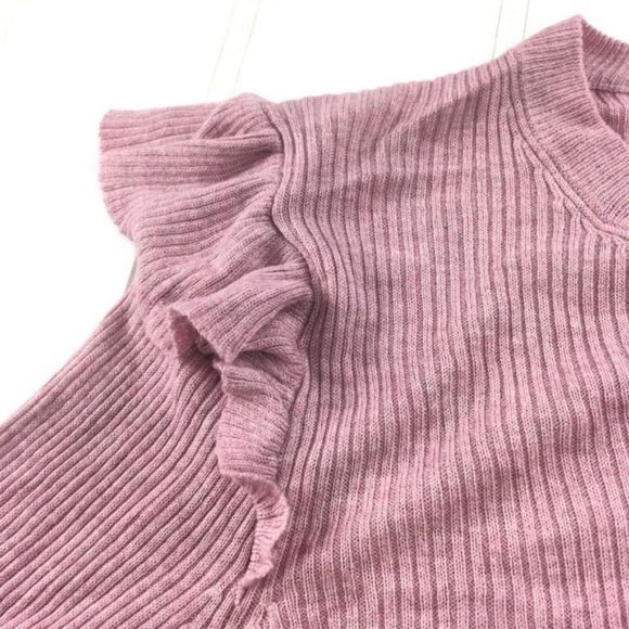 Madewell XL Ruffle Sleeve Pullover Sweater Knit Heather Pink Ribbed Lightweight - Picture 7 of 8